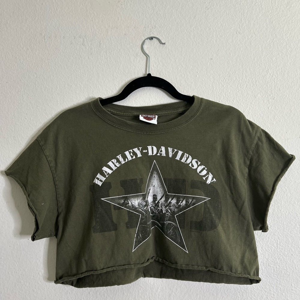 Harley-Davidson Olive Green Tee Custom cut crop top m